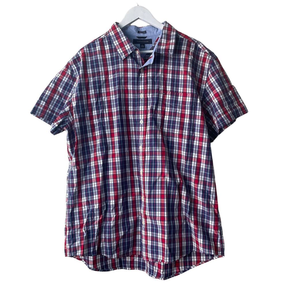 Tommy Hilfiger Blue Red & White Cotton Plaid Notch Collar S/S Shirt - Size XXL